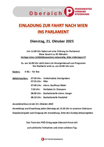 Einladung - Fahrt nach Wien & Parlamentsbesuch