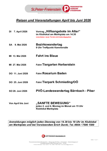 Reisen & Veranstaltungen bis Ende Juni 2026
