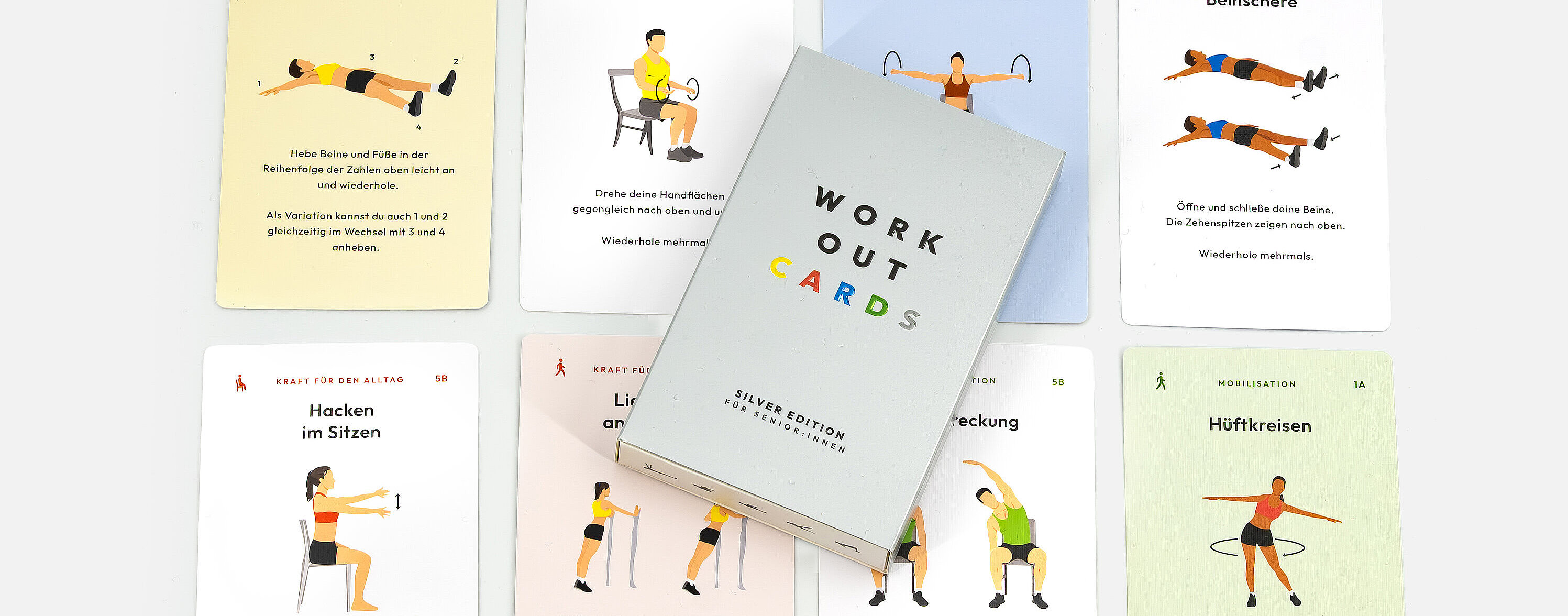 Work Out Cards mit Übungen für Senioren, Hocken im Sitzen, Hüftkreisen