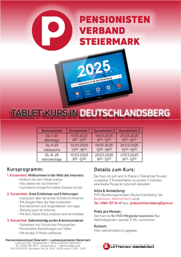 INformationen zur kostenfreien Tabletschulung im Bezirk Deutschlandsberg, März 2025