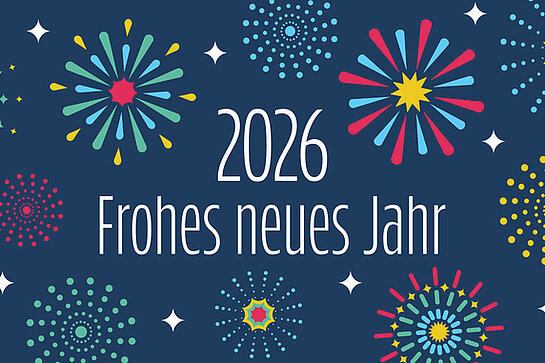 2026 Frohes neues Jahr - text in German language - Happy New Year. New Year‘s card with colorful fireworks on a blue background.