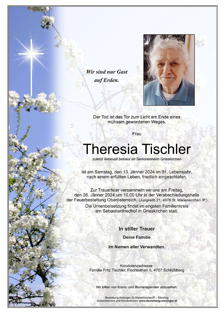 Parte von Theresia Tischler, verstorben am 13.02.2024