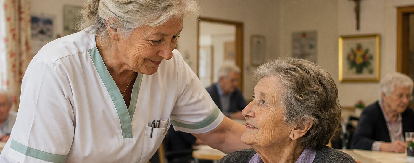 Pflegekraft spricht mit älterer Dame in einem Seniorenheim in Österreich
