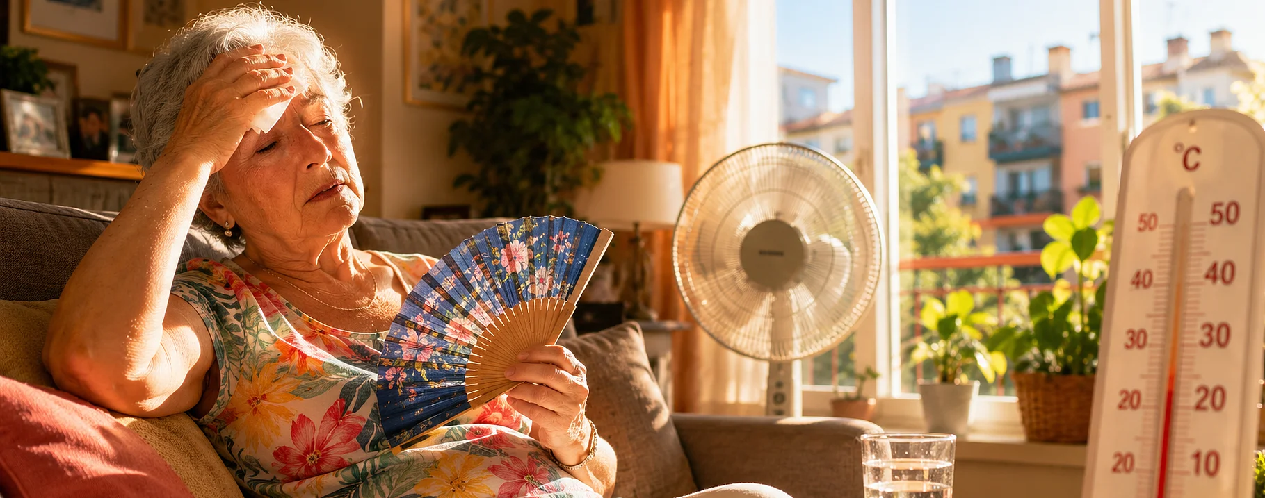 Ältere Frau schwitzt bei Hitze im Wohnzimmer mit Ventilator und Thermometer