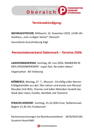 Termine Weihnachten sowie Bezirks- und Landestermine 2026