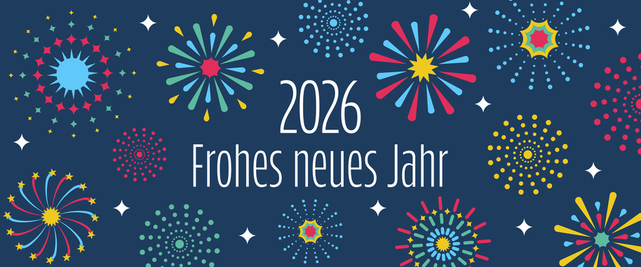 2026 Frohes neues Jahr - text in German language - Happy New Year. New Year‘s card with colorful fireworks on a blue background.